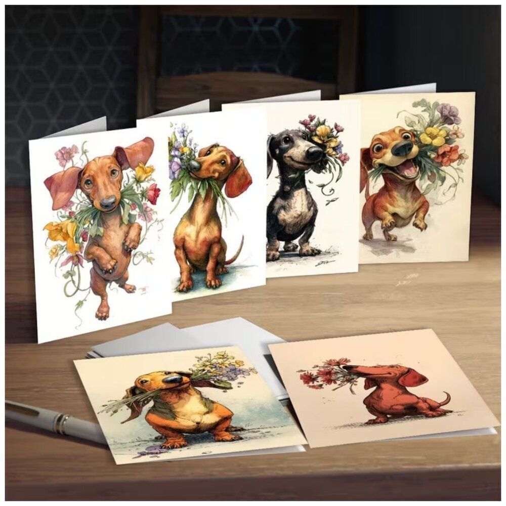 NWT Dachshund Puppy Flower Bouquet Greeting Cards Set 12 Pk 3.5x5 Envelopes Cute - Picture 5 of 8